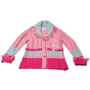 Hand-knit / Handmade Pink & Grey Kids Sweater with Frayed Trim (Size 6)